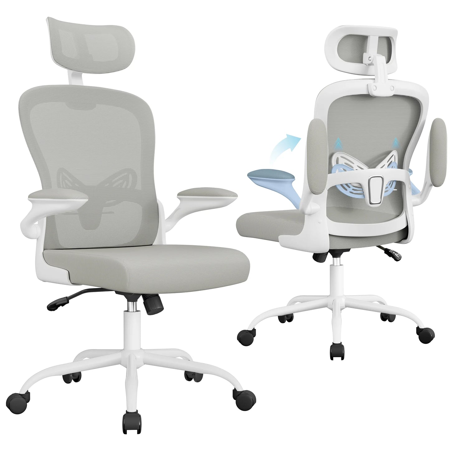 Furmax High Back Office Chair Ergonomic Mesh Chair with Adjustable Padded Headrest and Flip up Armrest, Beige