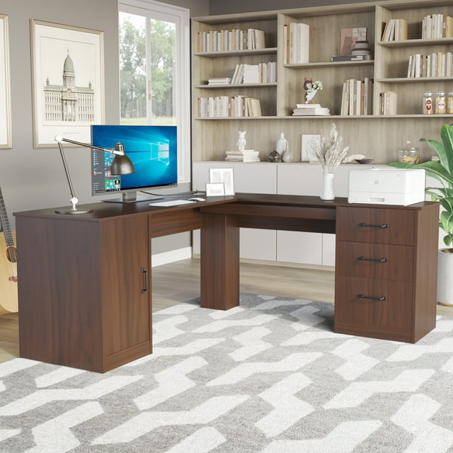 Furmax L Shaped Desk Corner Office Desk Computer Desk with Storage Cabinet & Drawers