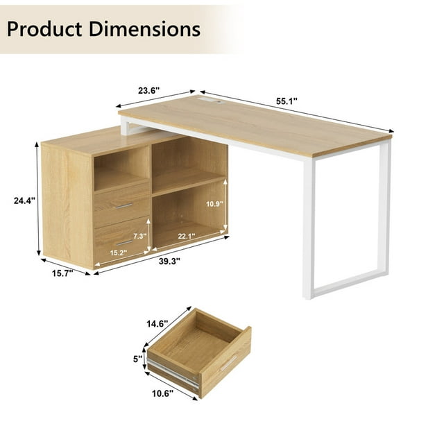 Furmax 55 Inch L-Shaped Corner Computer Desk with File Cabinet, Power Outlet, Home Office Desk with 2 Drawers and 3 Storage Shelve, Workstation Executive Desk with Storage Shelf for Home Office