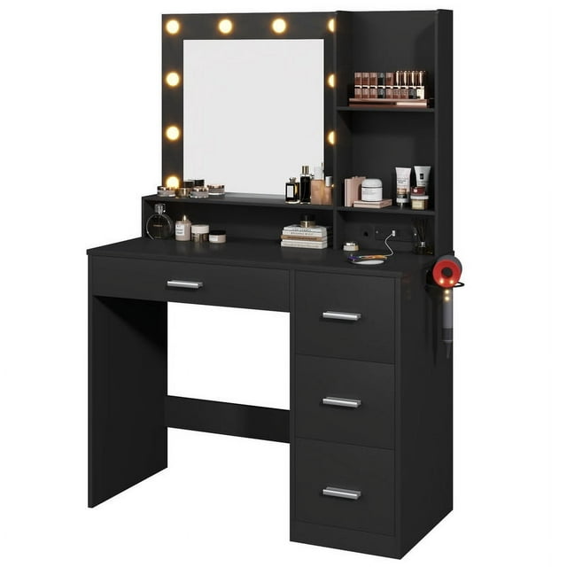 Furmax Vanity Desk with Lights and Mirror Makeup Vanity Table Set with Drawer and Power Outlet