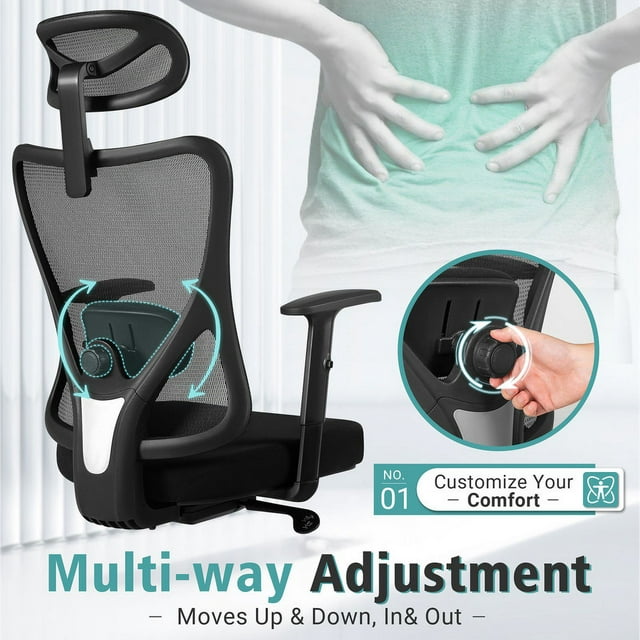 Furmax Ergonomic Mesh Task Chair with Adjustable Headrest, Lumbar Support, and Memory Foam Cushion for Office, Black