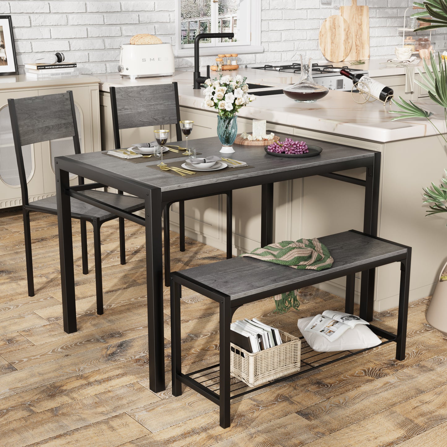 Furmax Modern Dining Table and Chair Set for 4 with Bench Indoor Outdoor Kitchen Living Room Furniture Garden Desk Set Wood Metal Waterproof Desk Chair Set