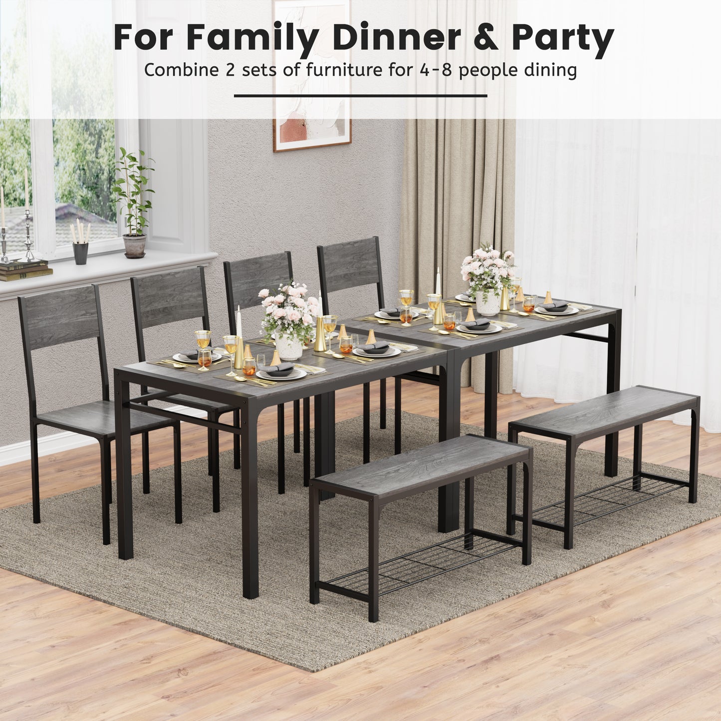 Furmax Modern Dining Table and Chair Set for 4 with Bench Indoor Outdoor Kitchen Living Room Furniture Garden Desk Set Wood Metal Waterproof Desk Chair Set