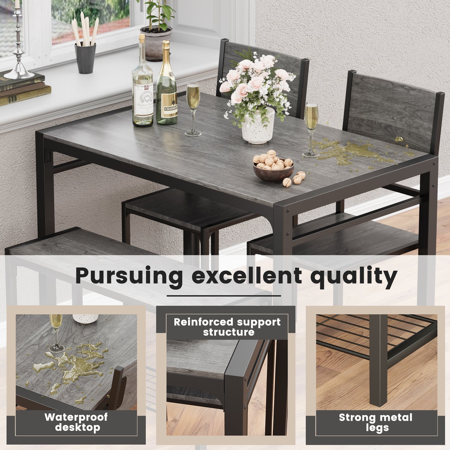 Furmax Modern Dining Table and Chair Set for 4 with Bench Indoor Outdoor Kitchen Living Room Furniture Garden Desk Set Wood Metal Waterproof Desk Chair Set