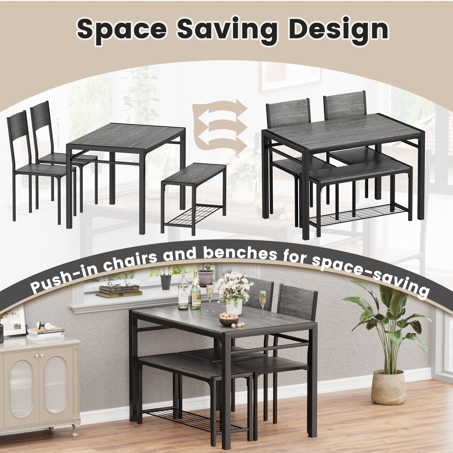 Furmax Modern Dining Table and Chair Set for 4 with Bench Indoor Outdoor Kitchen Living Room Furniture Garden Desk Set Wood Metal Waterproof Desk Chair Set