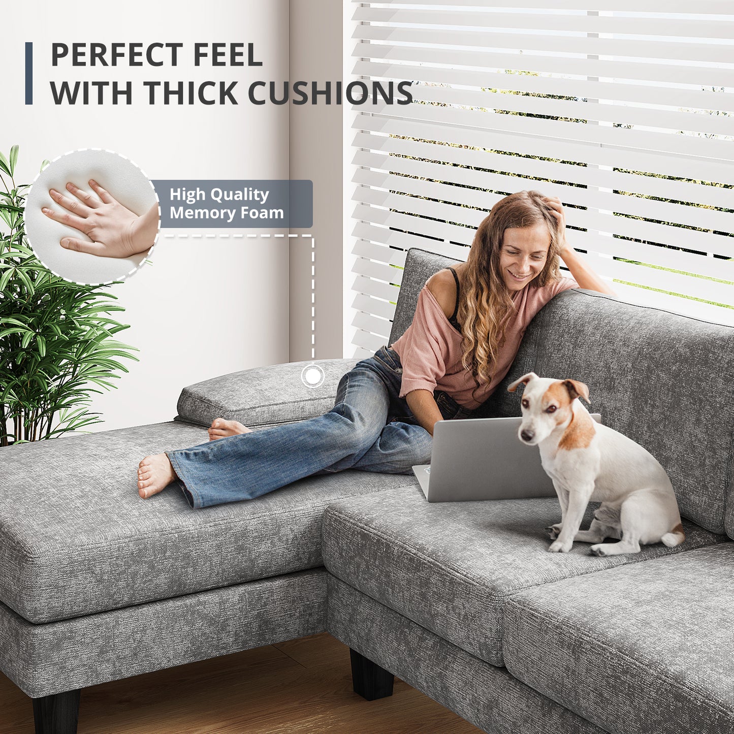 Furmax U-Shaped Sectional Sofa with Chaise, 4 Seats Chenille Fabric Sofa for Living room