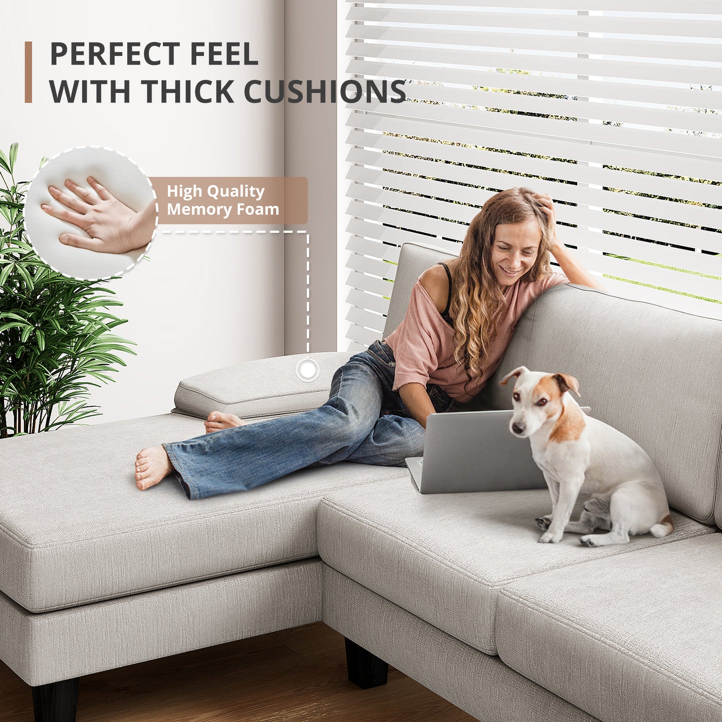 Furmax U-Shaped Sectional Sofa with Chaise, 4 Seats Chenille Fabric Sofa for Living room