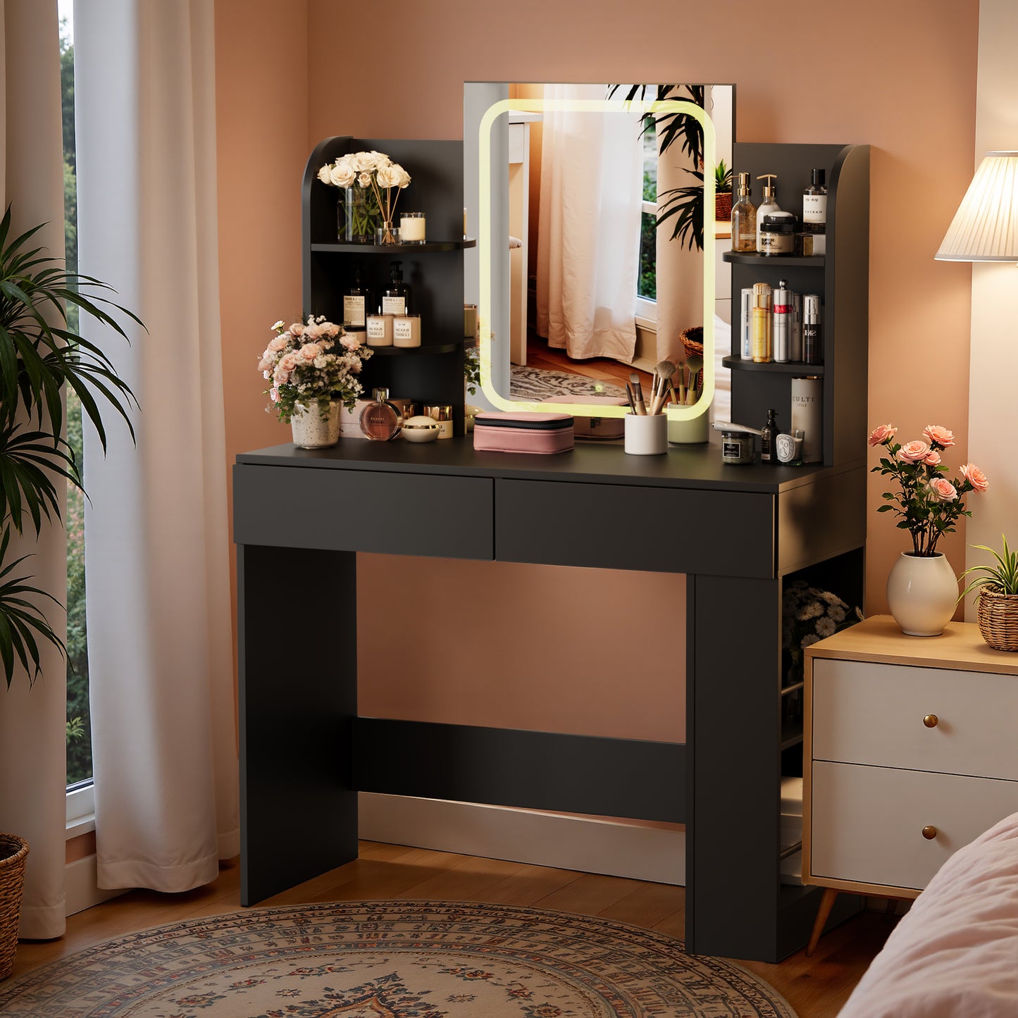 Furmax Makeup Vanity Desk and Bench Set with LED Lighted Mirror Vanity Table with Drawers, Shelves & Side Storage for Bedroom