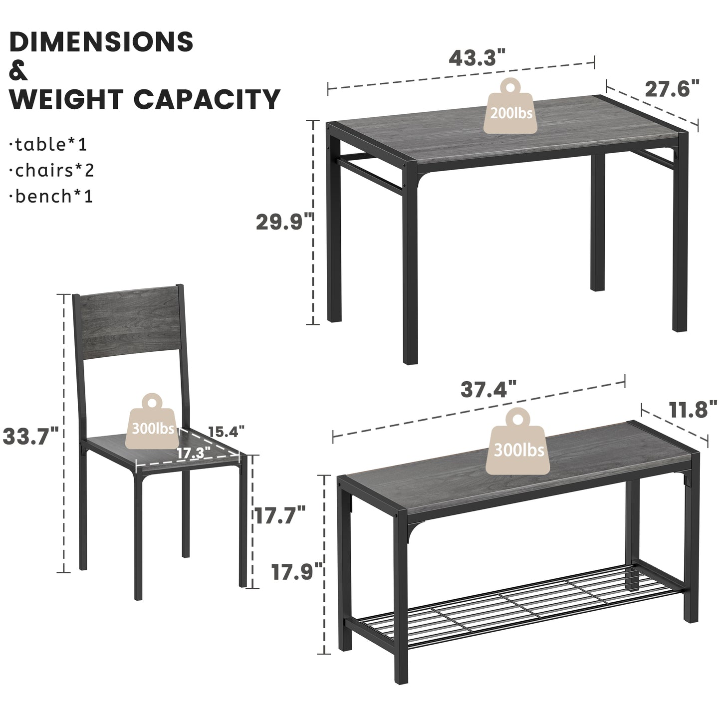 Furmax Modern Dining Table and Chair Set for 4 with Bench Indoor Outdoor Kitchen Living Room Furniture Garden Desk Set Wood Metal Waterproof Desk Chair Set