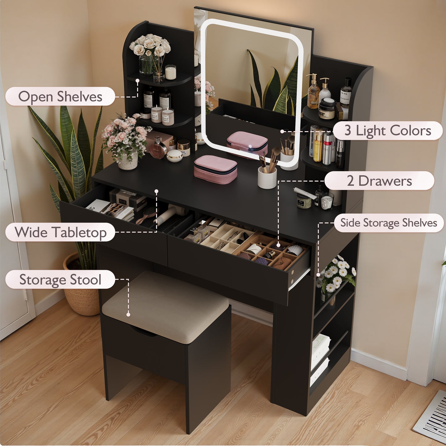 Furmax Makeup Vanity Desk and Bench Set with LED Lighted Mirror Vanity Table with Drawers, Shelves & Side Storage for Bedroom