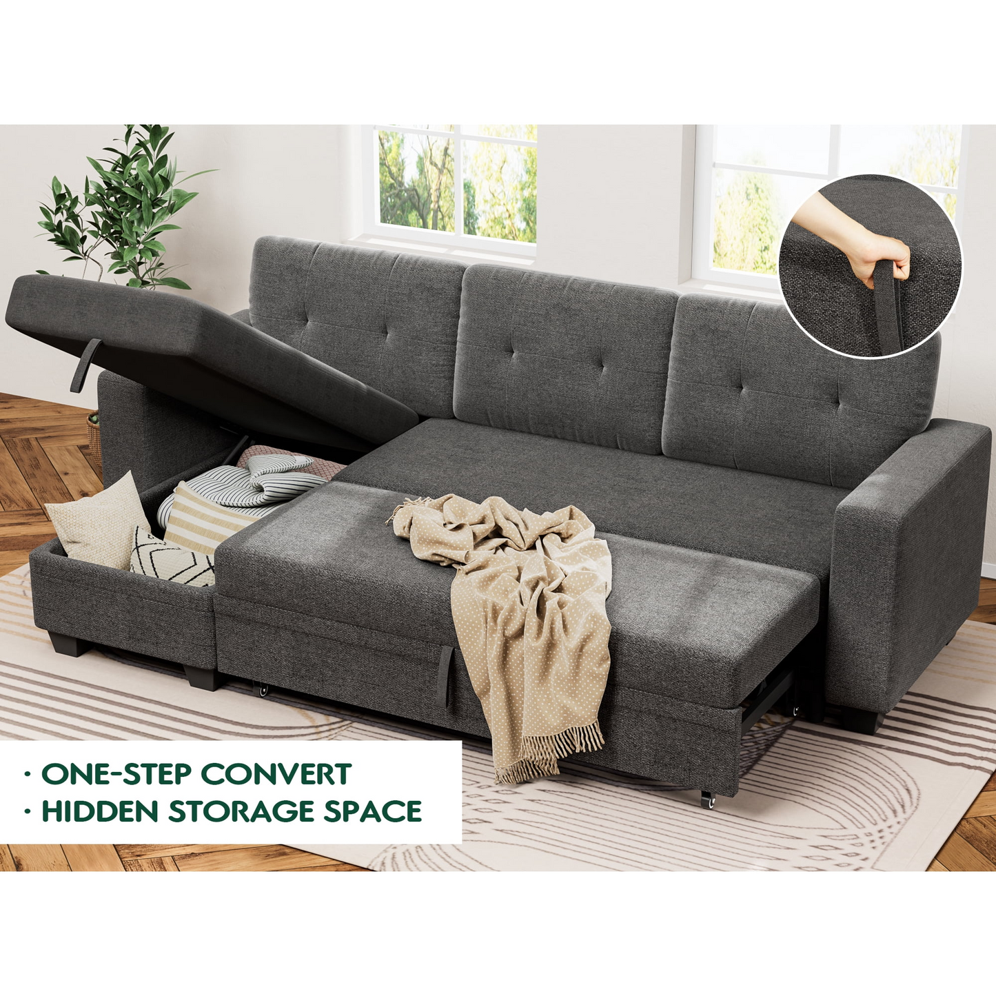Furmax Convertible L Shaped Sectional Sofa with Storage Chaise and Pullout Sofa Bed, Gray
