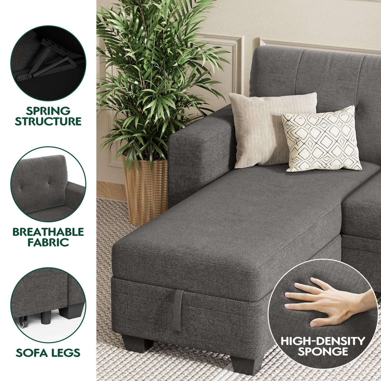 Furmax Convertible L Shaped Sectional Sofa with Storage Chaise and Pullout Sofa Bed, Gray