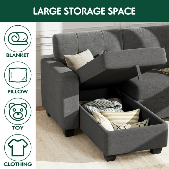 Furmax Convertible L Shaped Sectional Sofa with Storage Chaise and Pullout Sofa Bed, Gray