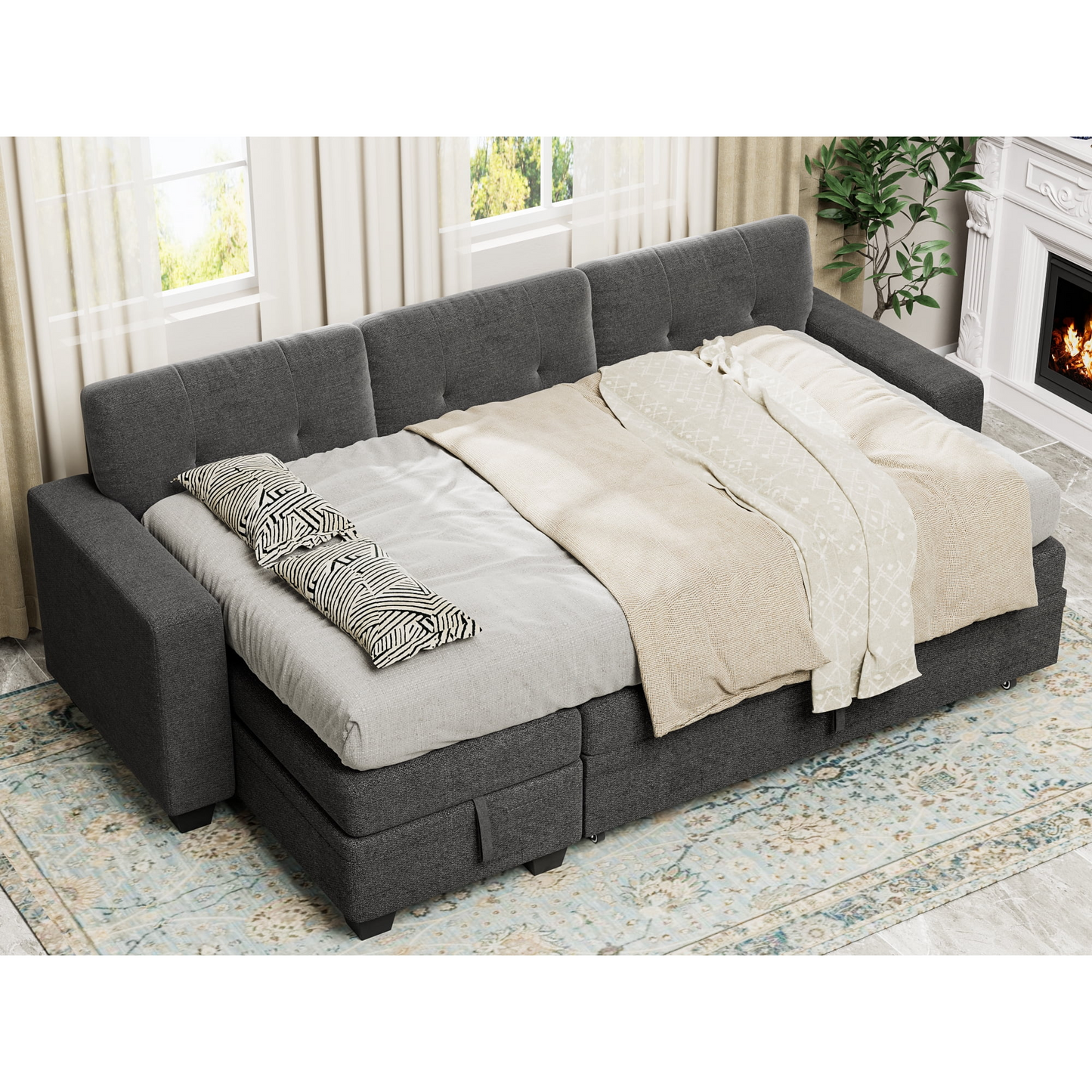 Furmax Convertible L Shaped Sectional Sofa with Storage Chaise and Pullout Sofa Bed, Gray