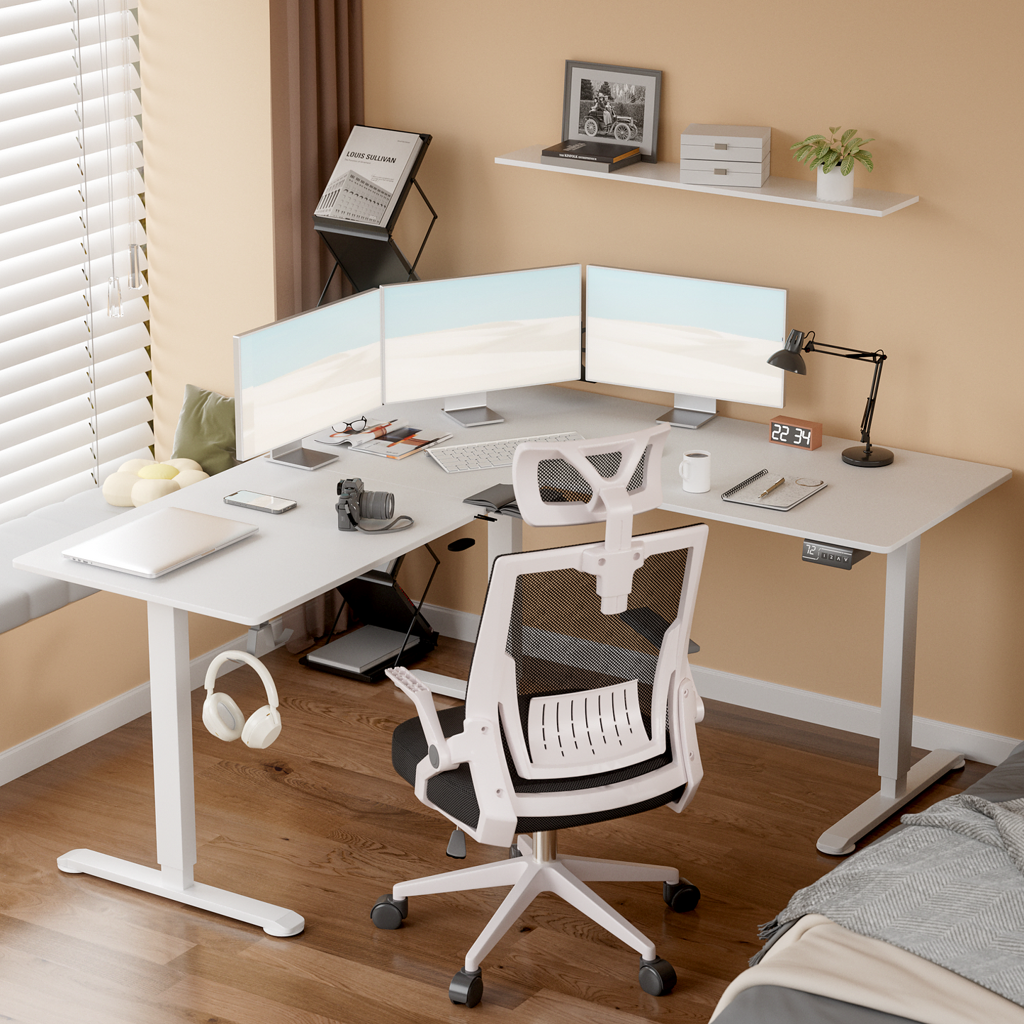 Furmax L-shaped Electric Sit-Stand Desk 63in Wide Electric Stand Up Height Adjustable Lifting Range 28~46in Computer Workstation Standing Desk Height Adjustable