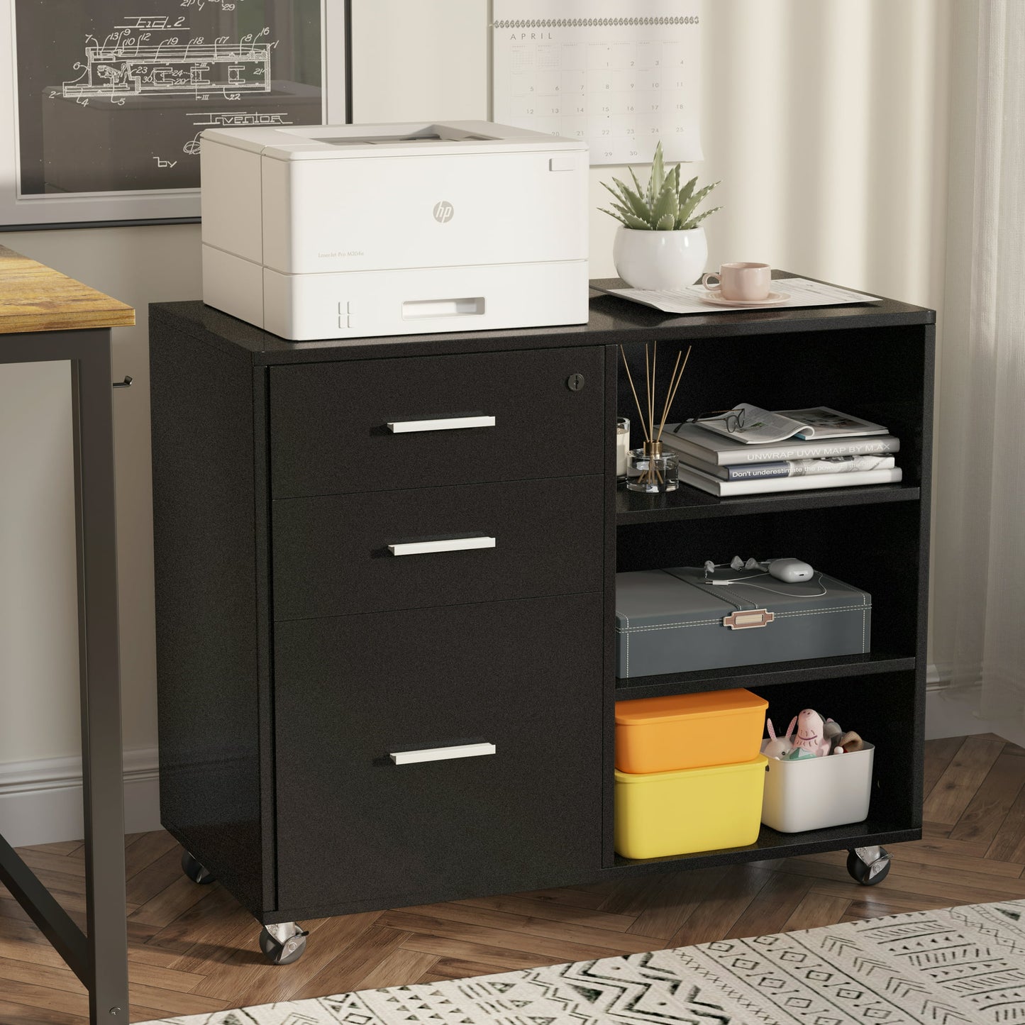 Furmax 3 Drawer Wood File Cabinet, Mobile Lateral Filing Cabinet, Printer Stand with Open Storage Shelves for Home Office, Black