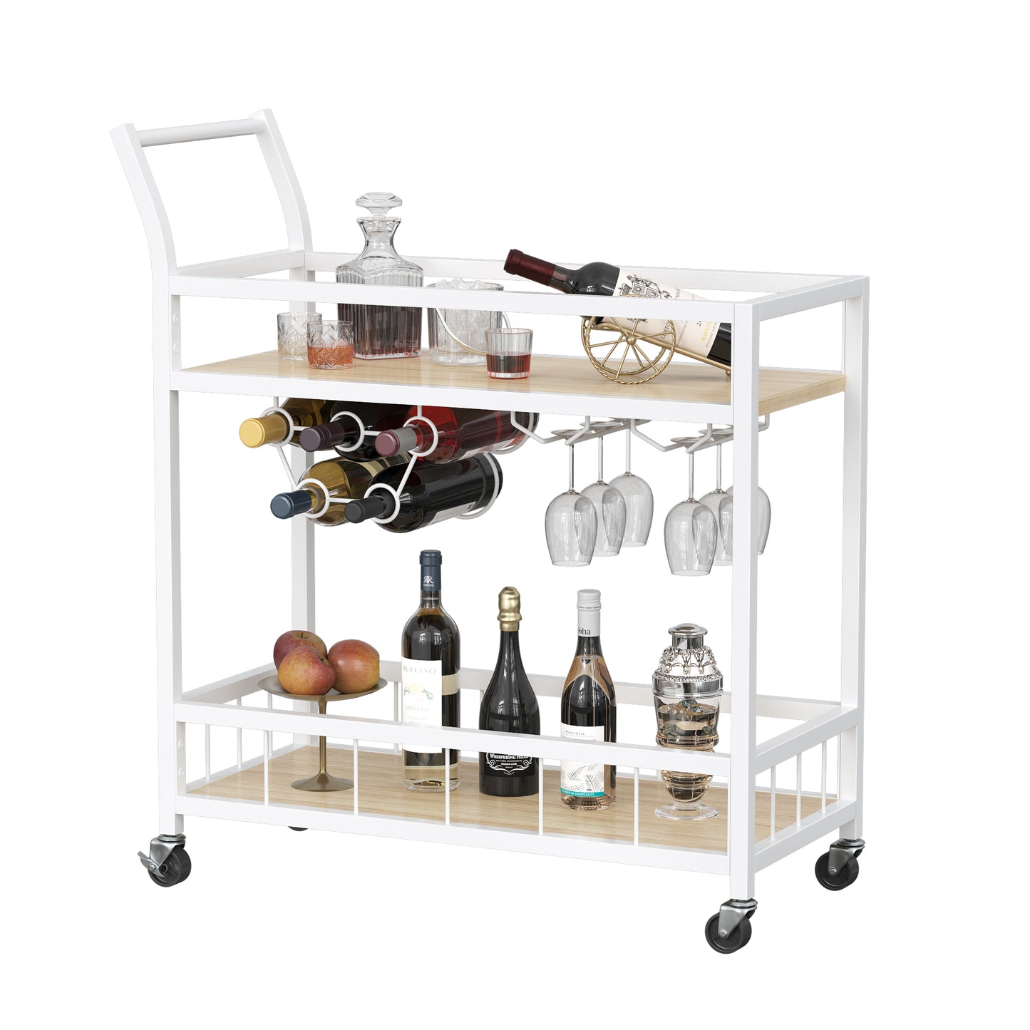 Furmax Mobile Bar Cart, Modern, Industrial, With Wine Rack, Glass Holder, and Wood Storage Shelves, Ideal for Living Room, Kitchen, Bar, Restaurants, and Parties, Golden