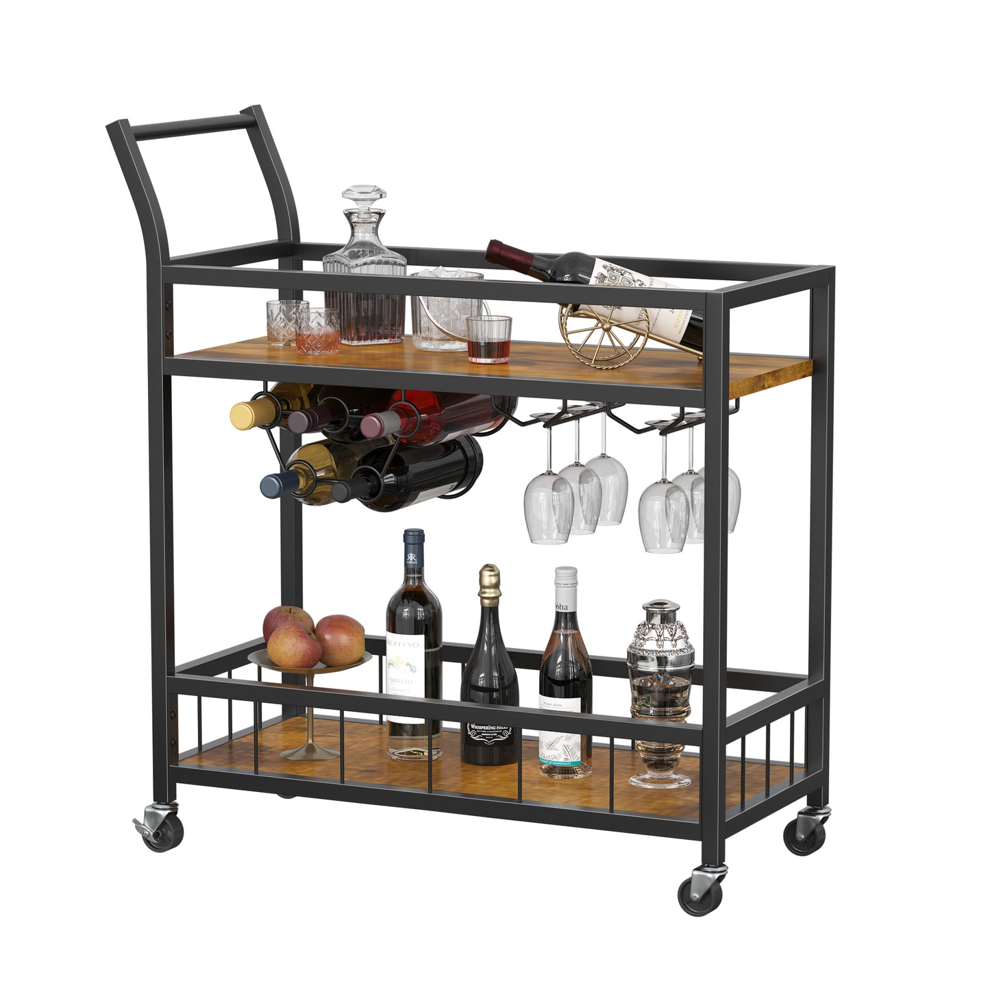 Furmax Mobile Bar Cart, Modern, Industrial, With Wine Rack, Glass Holder, and Wood Storage Shelves, Ideal for Living Room, Kitchen, Bar, Restaurants, and Parties, Golden