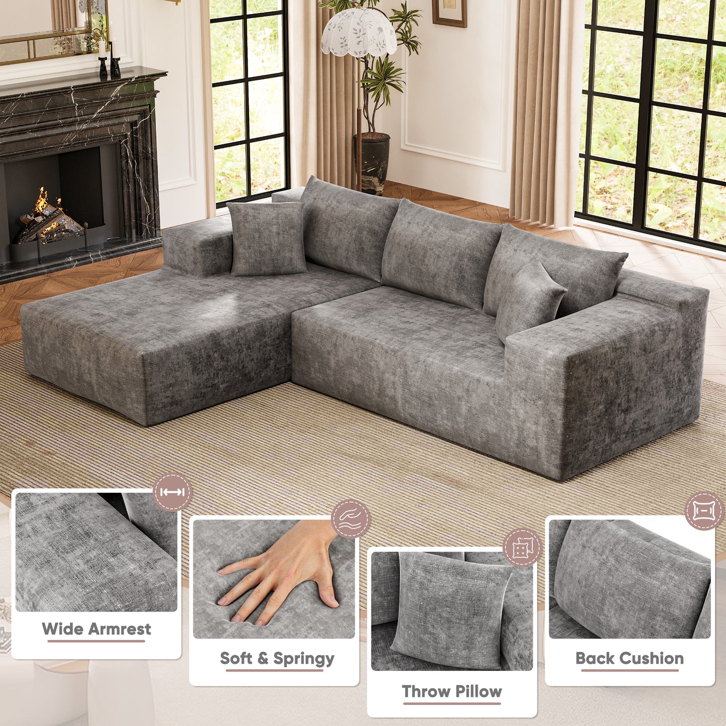 Furmax L-Shape Boneless Chaise Sectional Sofa Cloud Couch Sectional Corduroy Couch Set with Deep Seat for Living Room,Corduroy Gray