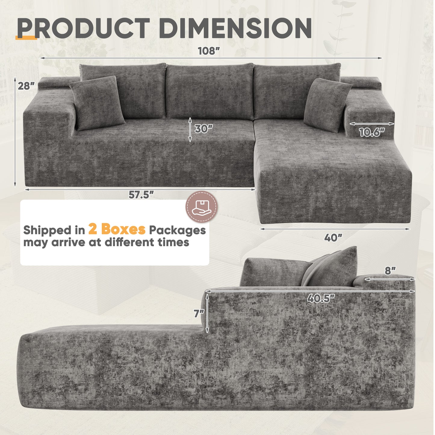 Furmax L-Shape Boneless Chaise Sectional Sofa Cloud Couch Sectional Corduroy Couch Set with Deep Seat for Living Room,Corduroy Gray