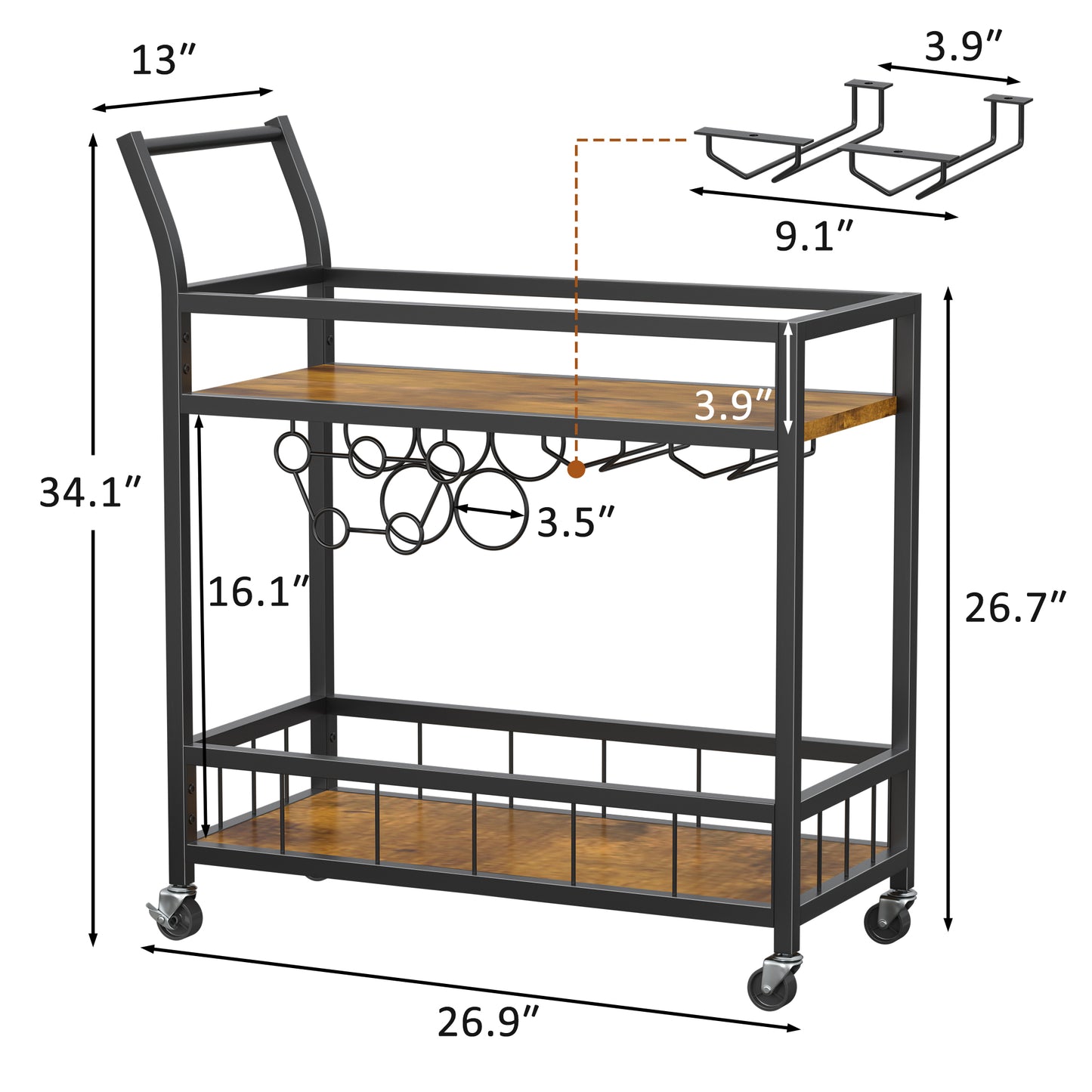 Furmax Mobile Bar Cart, Modern, Industrial, With Wine Rack, Glass Holder, and Wood Storage Shelves, Ideal for Living Room, Kitchen, Bar, Restaurants, and Parties, Golden
