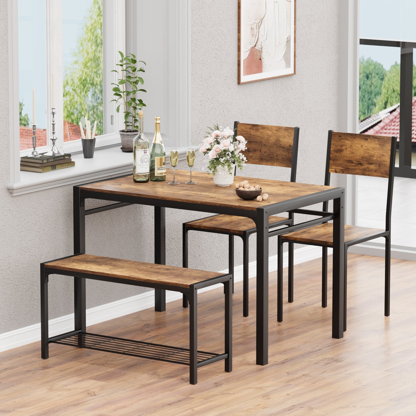 Furmax Modern Dining Table and Chair Set for 4 with Bench Indoor Outdoor Kitchen Living Room Furniture Garden Desk Set Wood Metal Waterproof Desk Chair Set