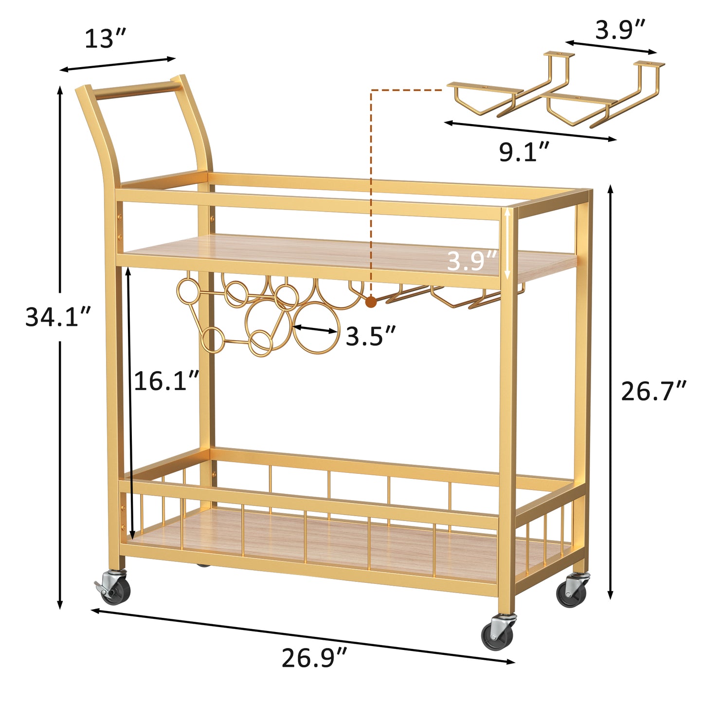 Furmax Mobile Bar Cart, Modern, Industrial, With Wine Rack, Glass Holder, and Wood Storage Shelves, Ideal for Living Room, Kitchen, Bar, Restaurants, and Parties, Golden