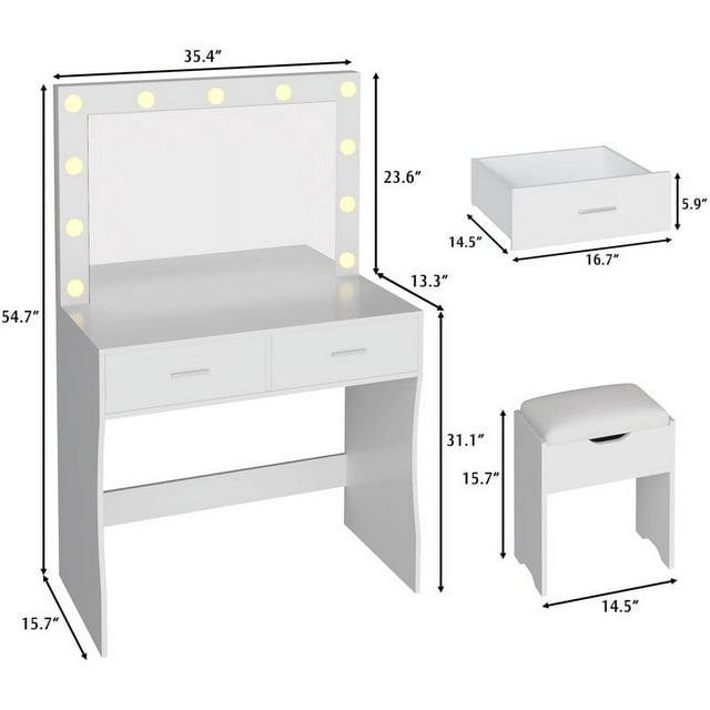 Furmax Makeup Vanity Table Set with Lights and Mirror Vanity Desk with Drawer and Chair