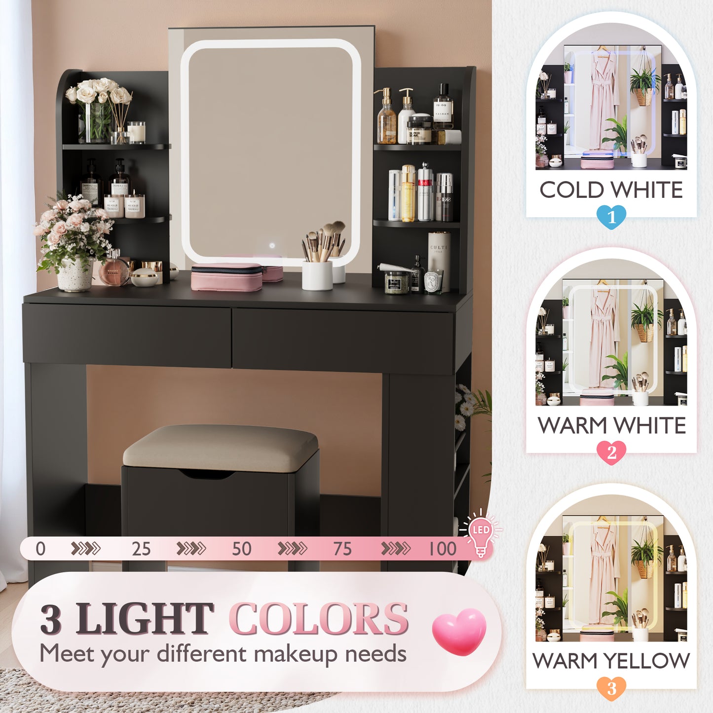 Furmax Makeup Vanity Desk and Bench Set with LED Lighted Mirror Vanity Table with Drawers, Shelves & Side Storage for Bedroom