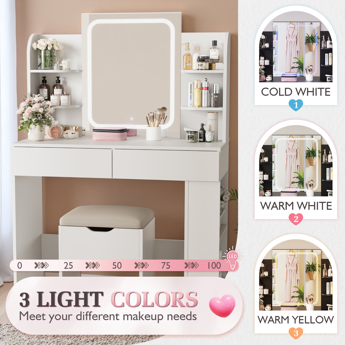 Furmax Makeup Vanity Desk and Bench Set with LED Lighted Mirror Vanity Table with Drawers, Shelves & Side Storage for Bedroom