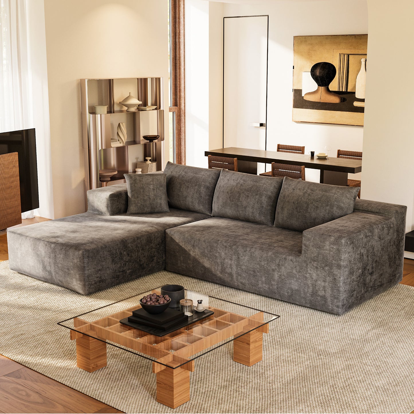 Furmax L-Shape Boneless Chaise Sectional Sofa Cloud Couch Sectional Corduroy Couch Set with Deep Seat for Living Room,Corduroy Gray