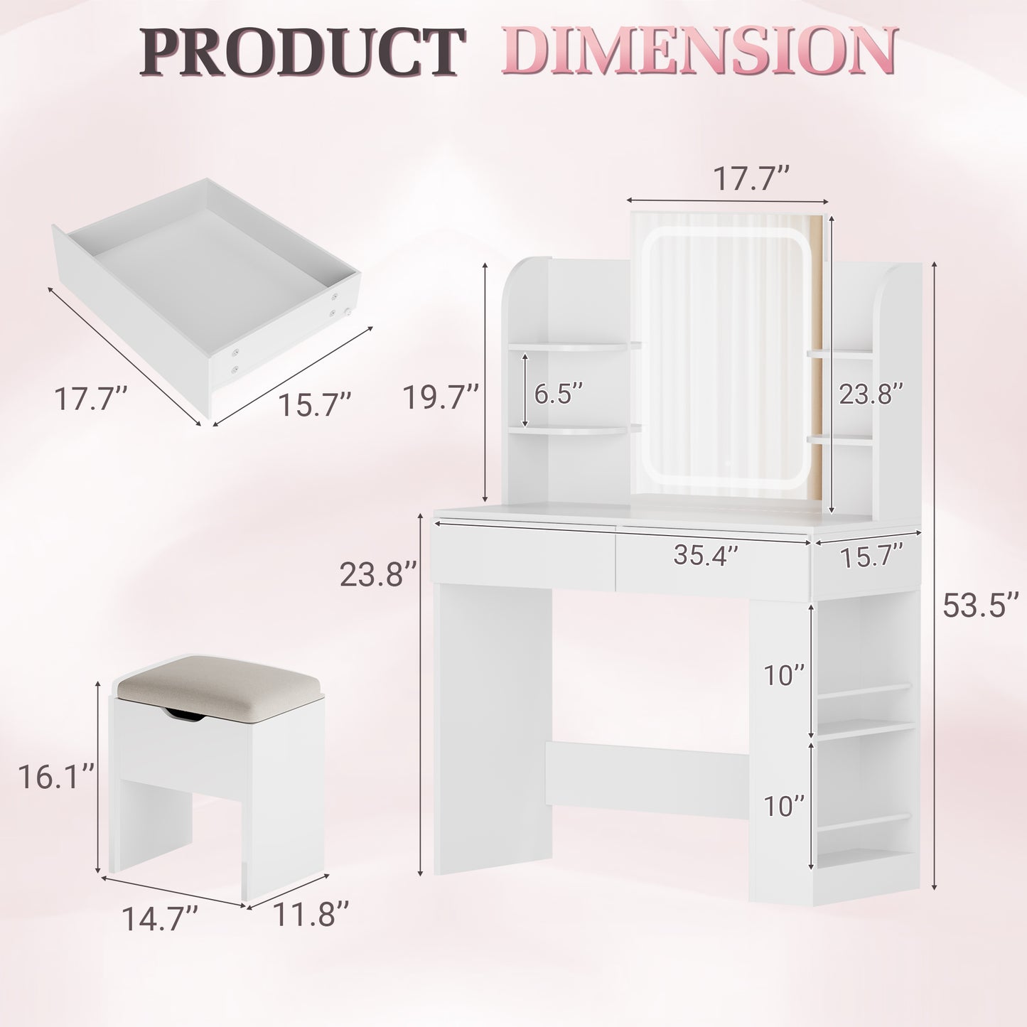 Furmax Makeup Vanity Desk and Bench Set with LED Lighted Mirror Vanity Table with Drawers, Shelves & Side Storage for Bedroom