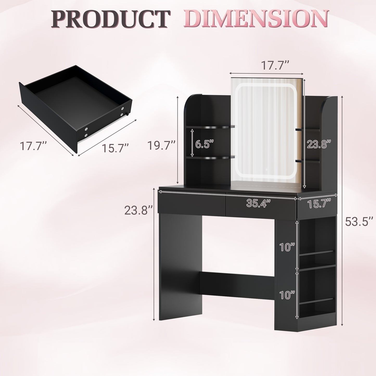 Furmax Makeup Vanity Desk and Bench Set with LED Lighted Mirror Vanity Table with Drawers, Shelves & Side Storage for Bedroom
