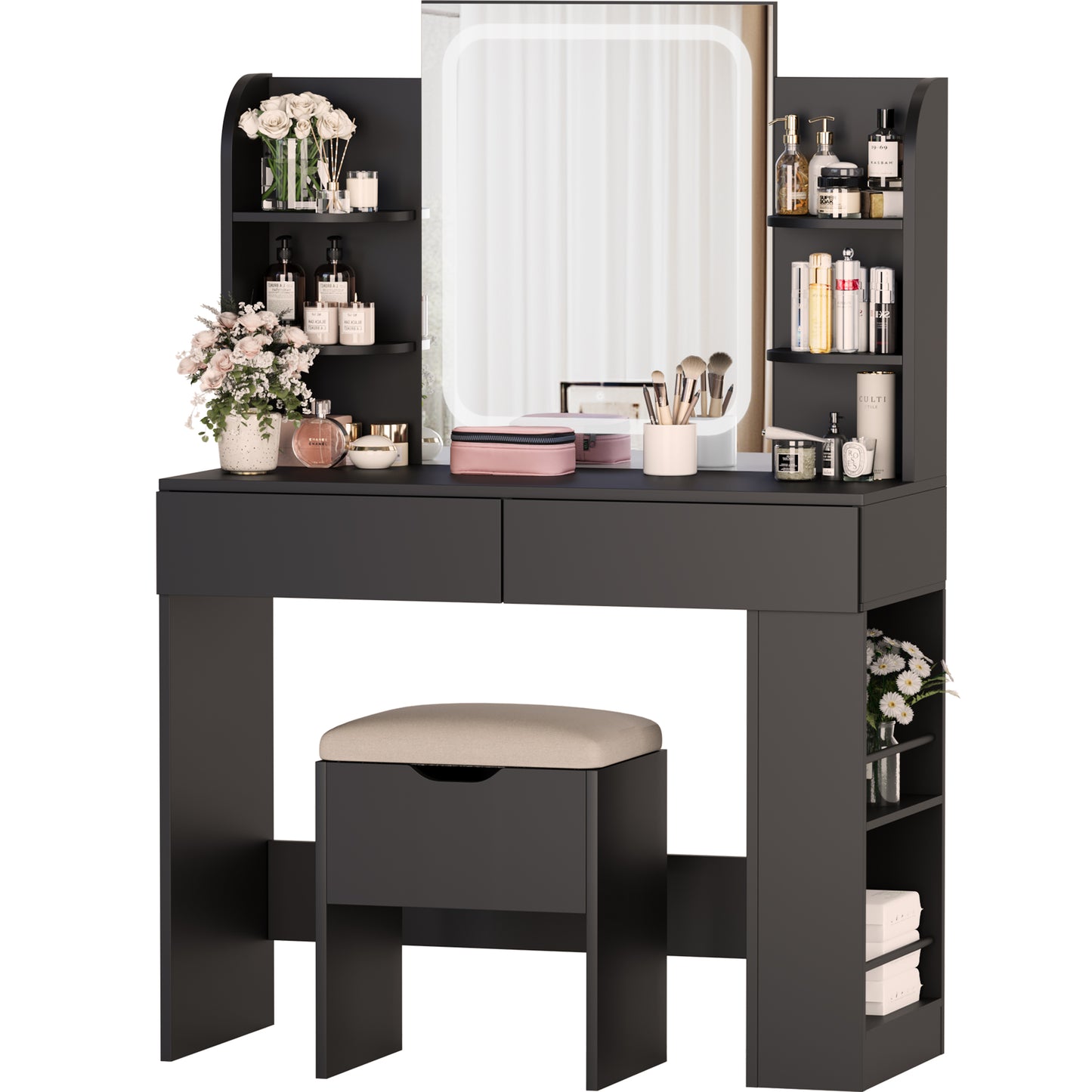 Furmax Makeup Vanity Desk and Bench Set with LED Lighted Mirror Vanity Table with Drawers, Shelves & Side Storage for Bedroom