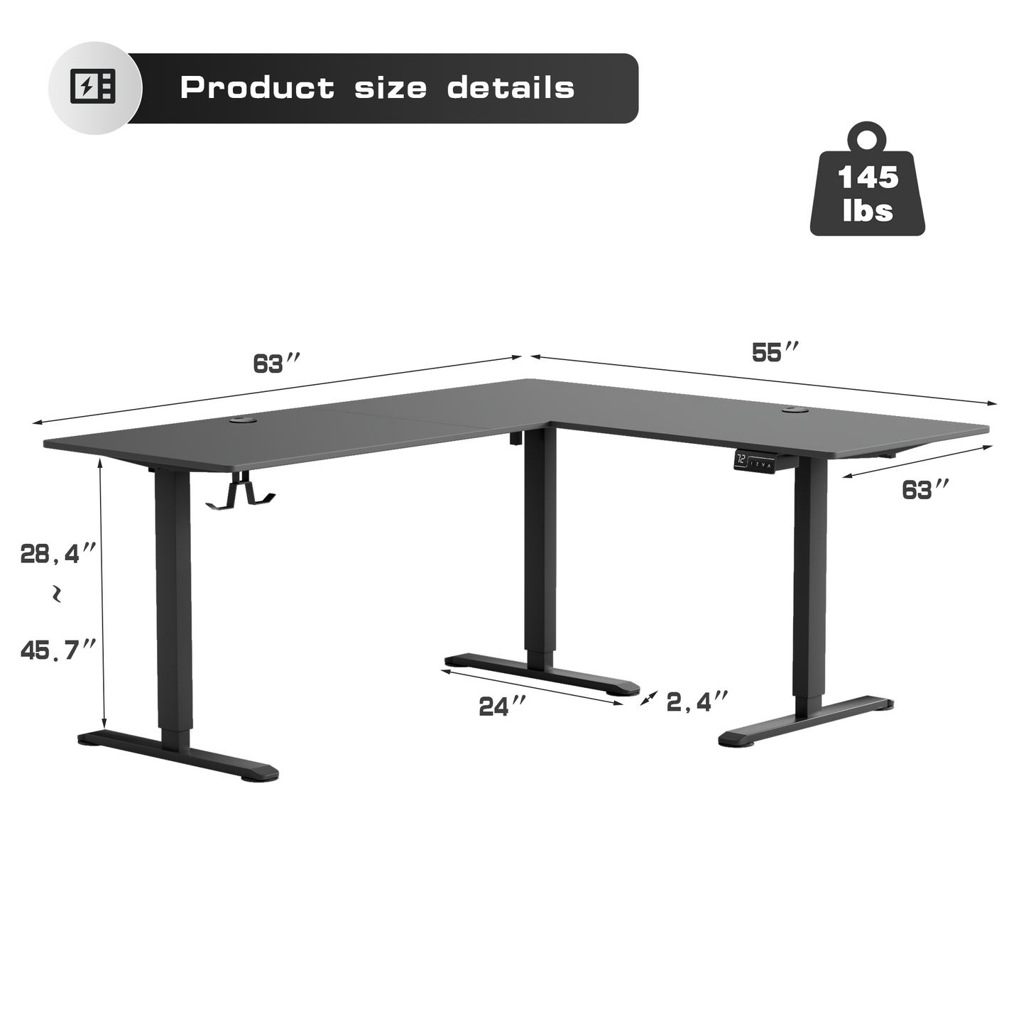 Furmax L-shaped Electric Sit-Stand Desk 63in Wide Electric Stand Up Height Adjustable Lifting Range 28~46in Computer Workstation Standing Desk Height Adjustable