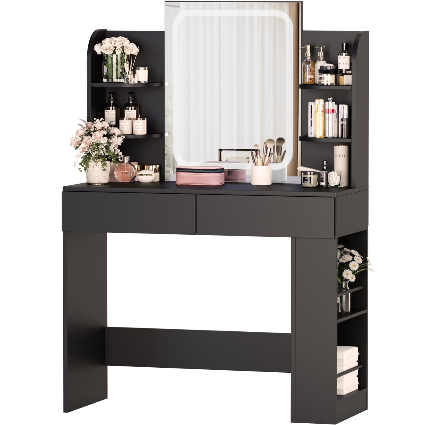 Furmax Makeup Vanity Desk and Bench Set with LED Lighted Mirror Vanity Table with Drawers, Shelves & Side Storage for Bedroom