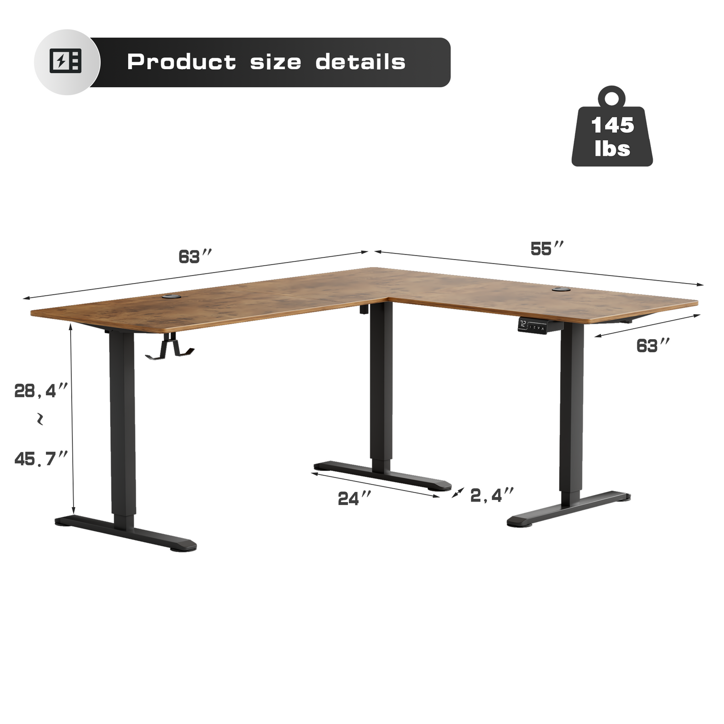 Furmax L-shaped Electric Sit-Stand Desk 63in Wide Electric Stand Up Height Adjustable Lifting Range 28~46in Computer Workstation Standing Desk Height Adjustable
