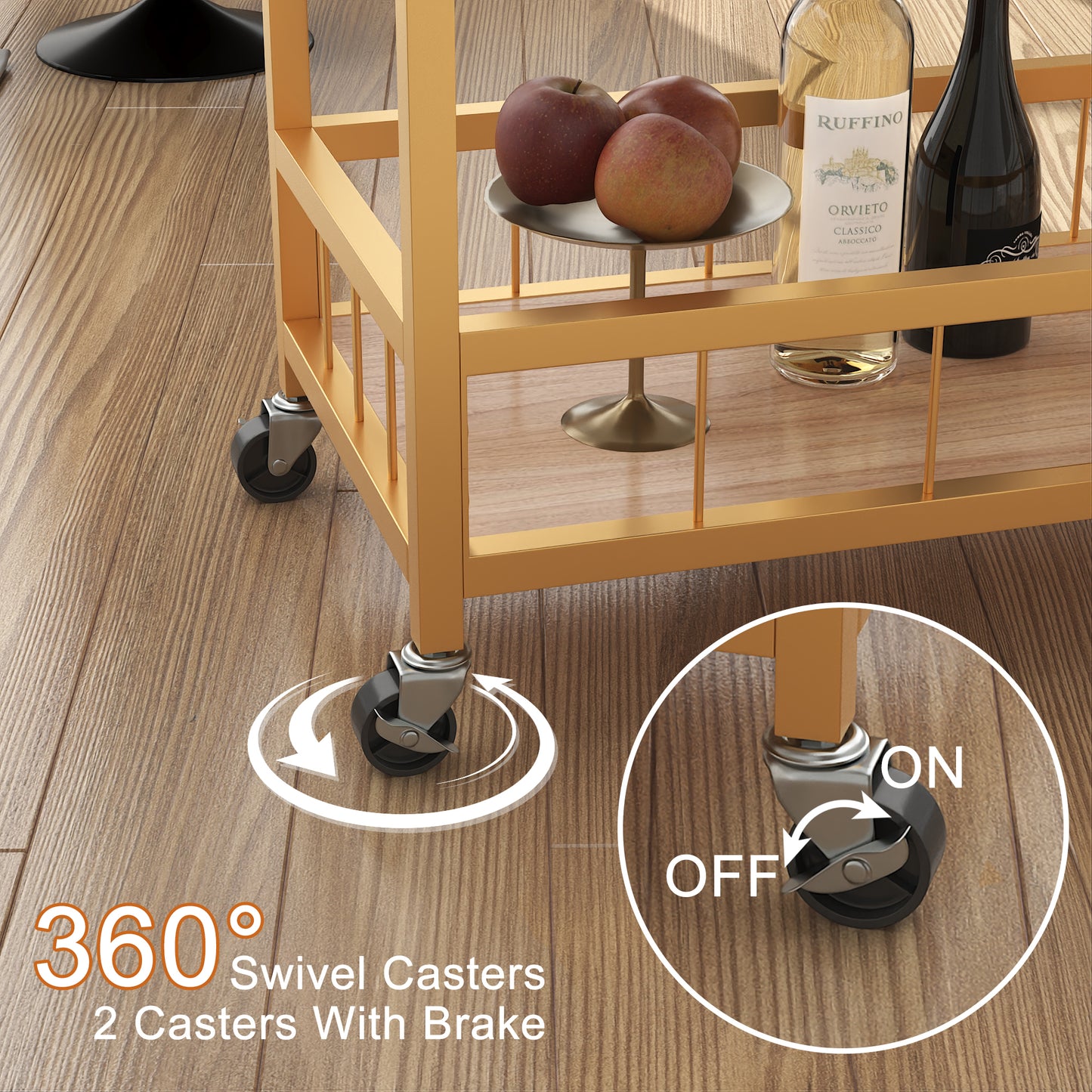 Furmax Mobile Bar Cart, Modern, Industrial, With Wine Rack, Glass Holder, and Wood Storage Shelves, Ideal for Living Room, Kitchen, Bar, Restaurants, and Parties, Golden