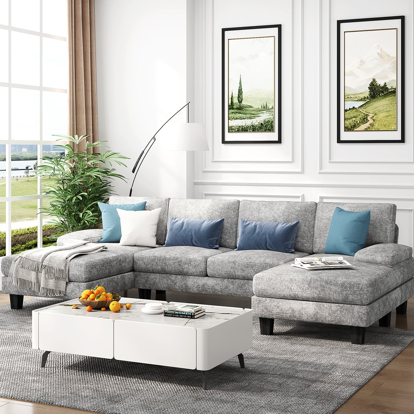 Furmax U-Shaped Sectional Sofa with Chaise, 4 Seats Chenille Fabric Sofa for Living room