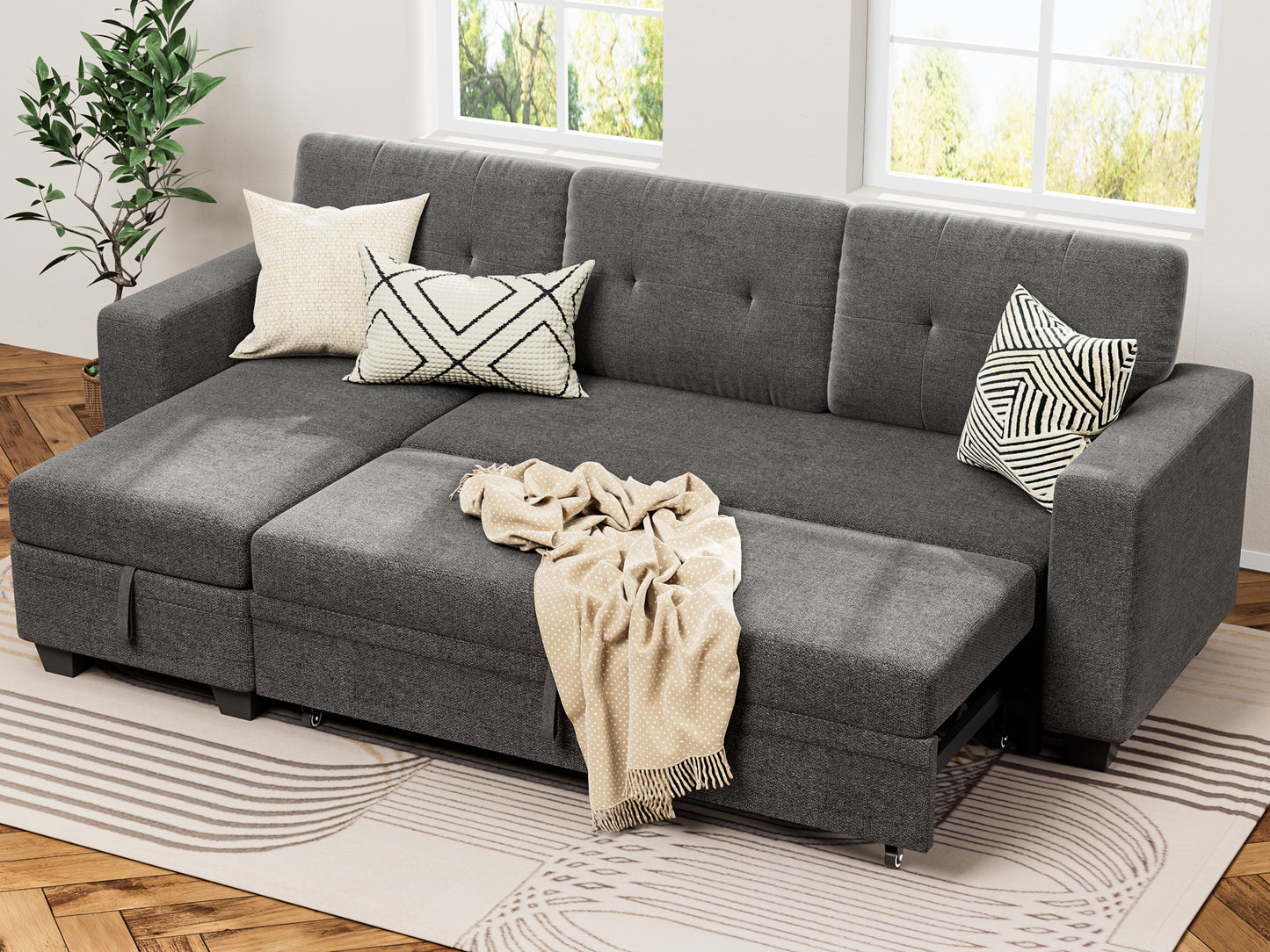 Furmax Convertible L-Shape Sofa with Storage Chaise and Pull-out Sofa Bed, Fabric Sectional Couch , Gray