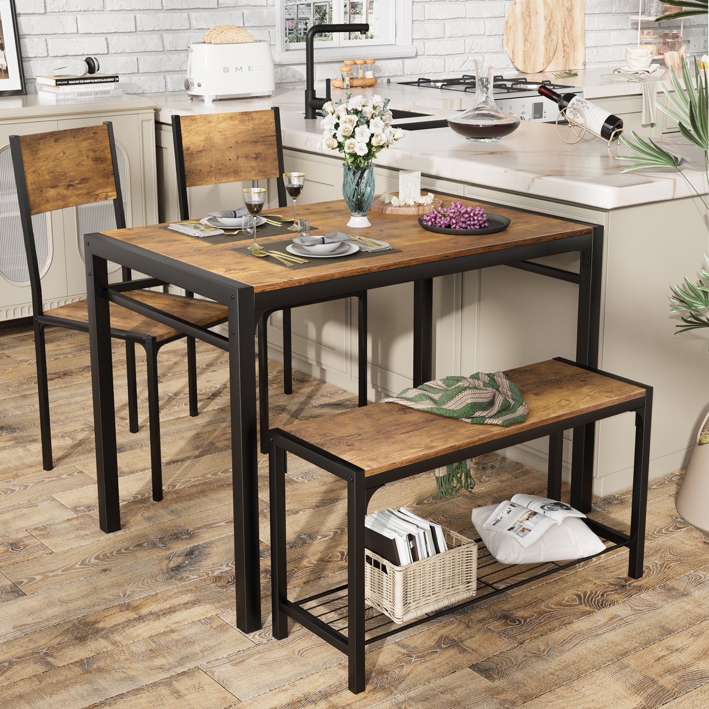 Furmax Modern Dining Table and Chair Set for 4 with Bench Indoor Outdoor Kitchen Living Room Furniture Garden Desk Set Wood Metal Waterproof Desk Chair Set