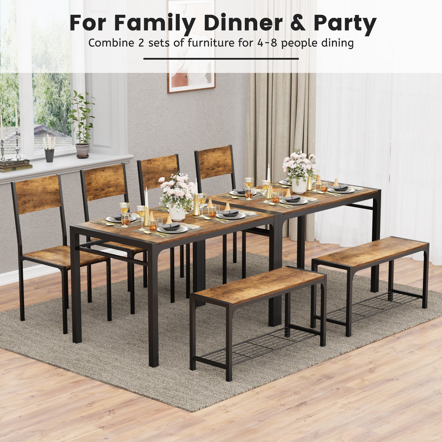 Furmax Modern Dining Table and Chair Set for 4 with Bench Indoor Outdoor Kitchen Living Room Furniture Garden Desk Set Wood Metal Waterproof Desk Chair Set
