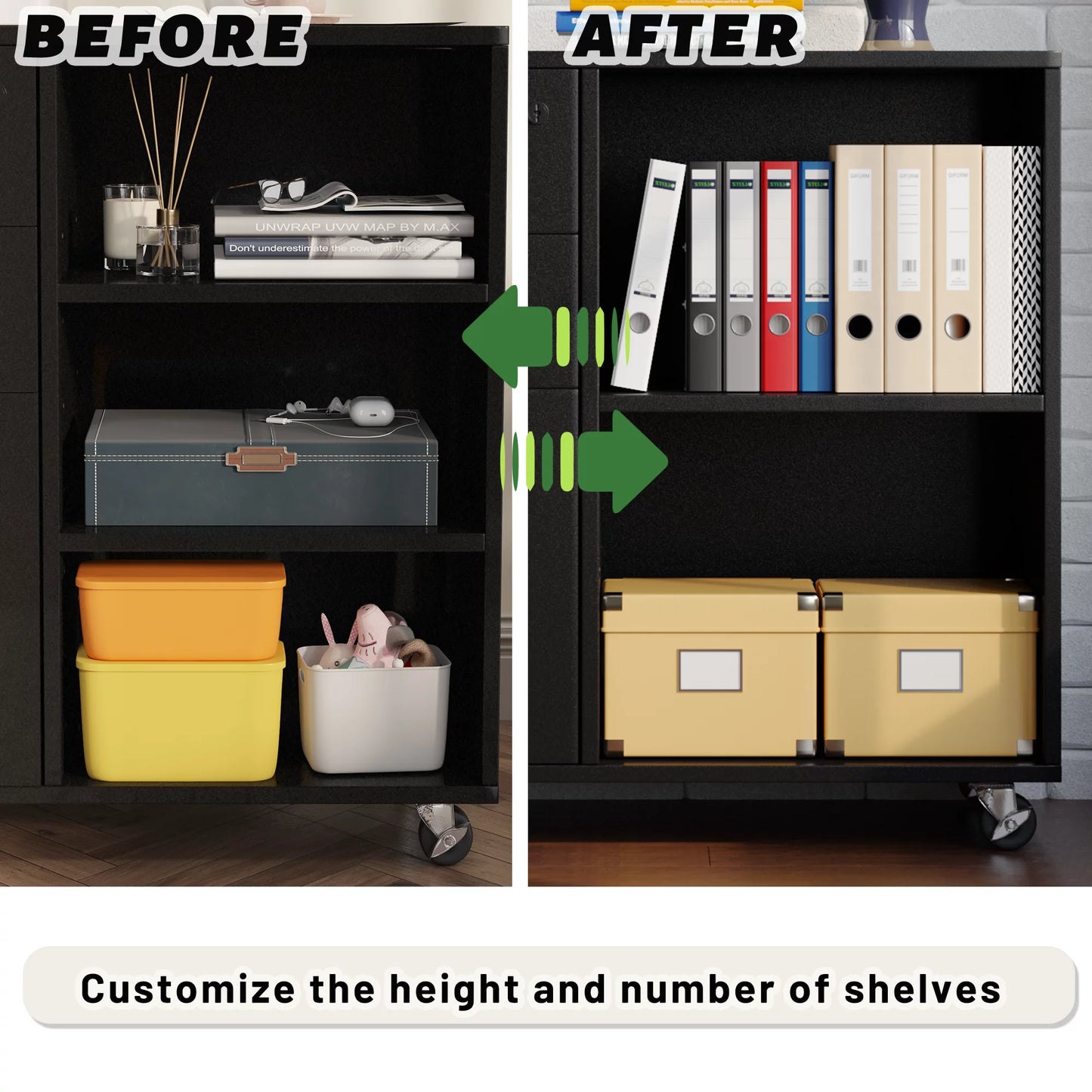 Furmax 3 Drawer Wood File Cabinet, Mobile Lateral Filing Cabinet, Printer Stand with Open Storage Shelves for Home Office, Black