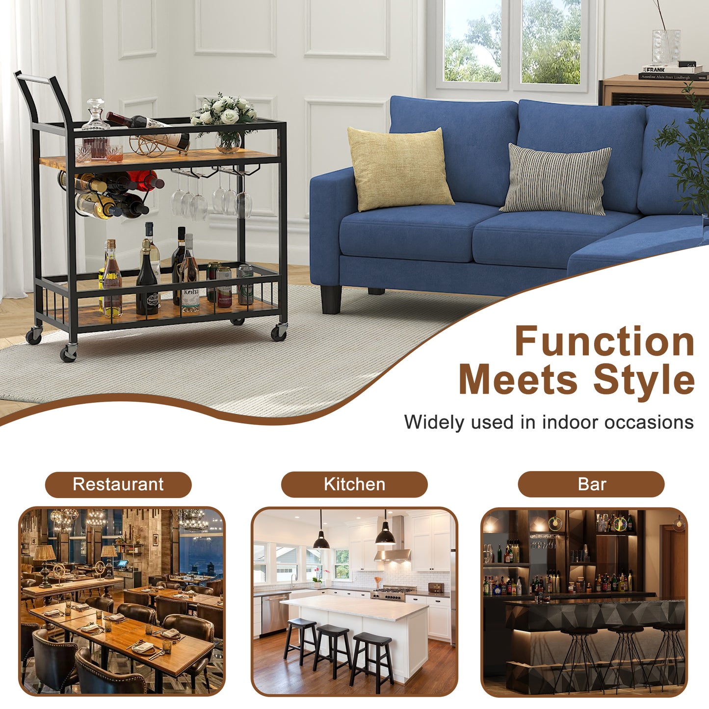 Furmax Mobile Bar Cart, Modern, Industrial, With Wine Rack, Glass Holder, and Wood Storage Shelves, Ideal for Living Room, Kitchen, Bar, Restaurants, and Parties, Golden