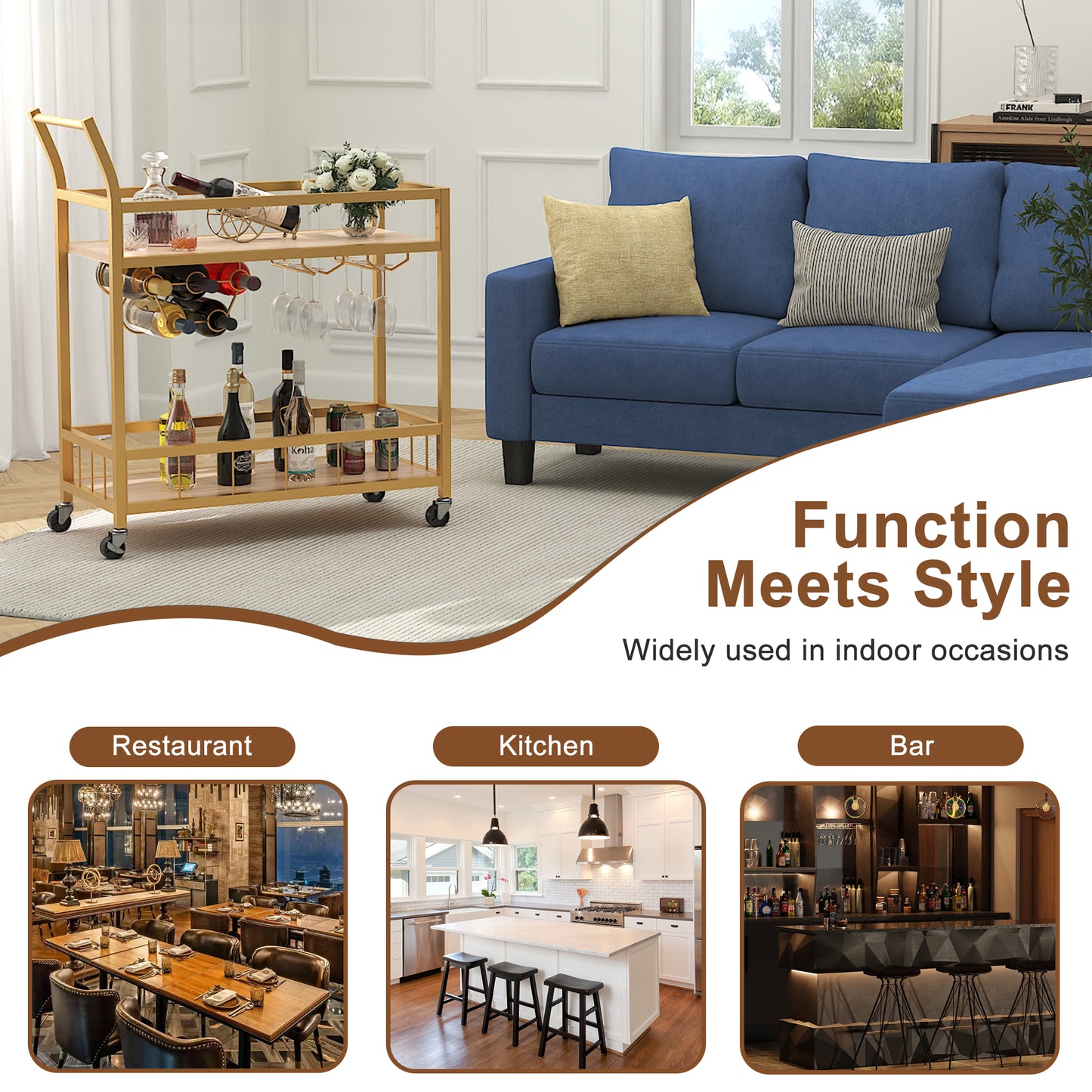 Furmax Mobile Bar Cart, Modern, Industrial, With Wine Rack, Glass Holder, and Wood Storage Shelves, Ideal for Living Room, Kitchen, Bar, Restaurants, and Parties, Golden