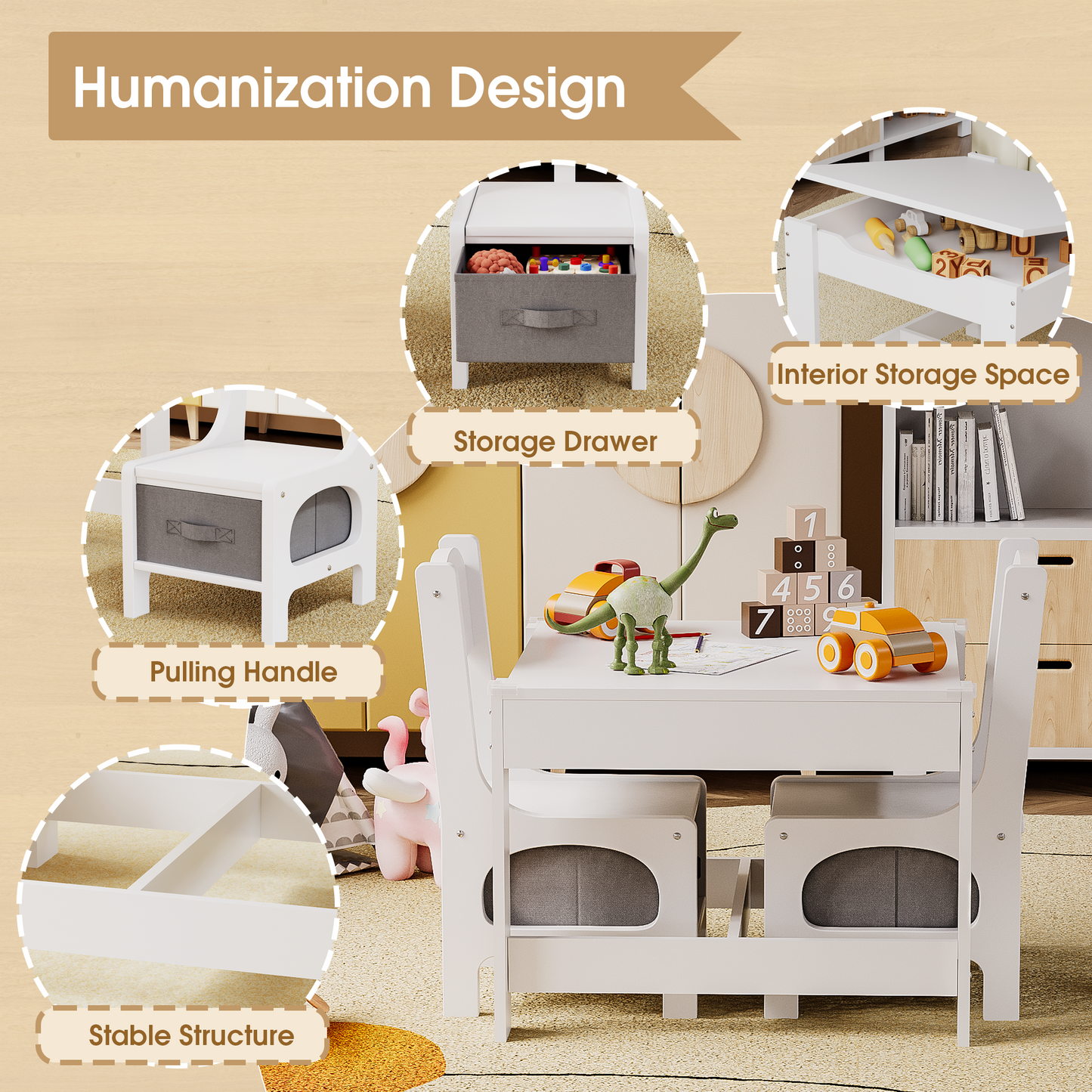 Furmax Children Table and Chair Set, 3 in 1 Wooden Activity Table and Chair Set with 2 in 1 Detachable Tabletop Table Storage Drawer for Home Nursery Playroom