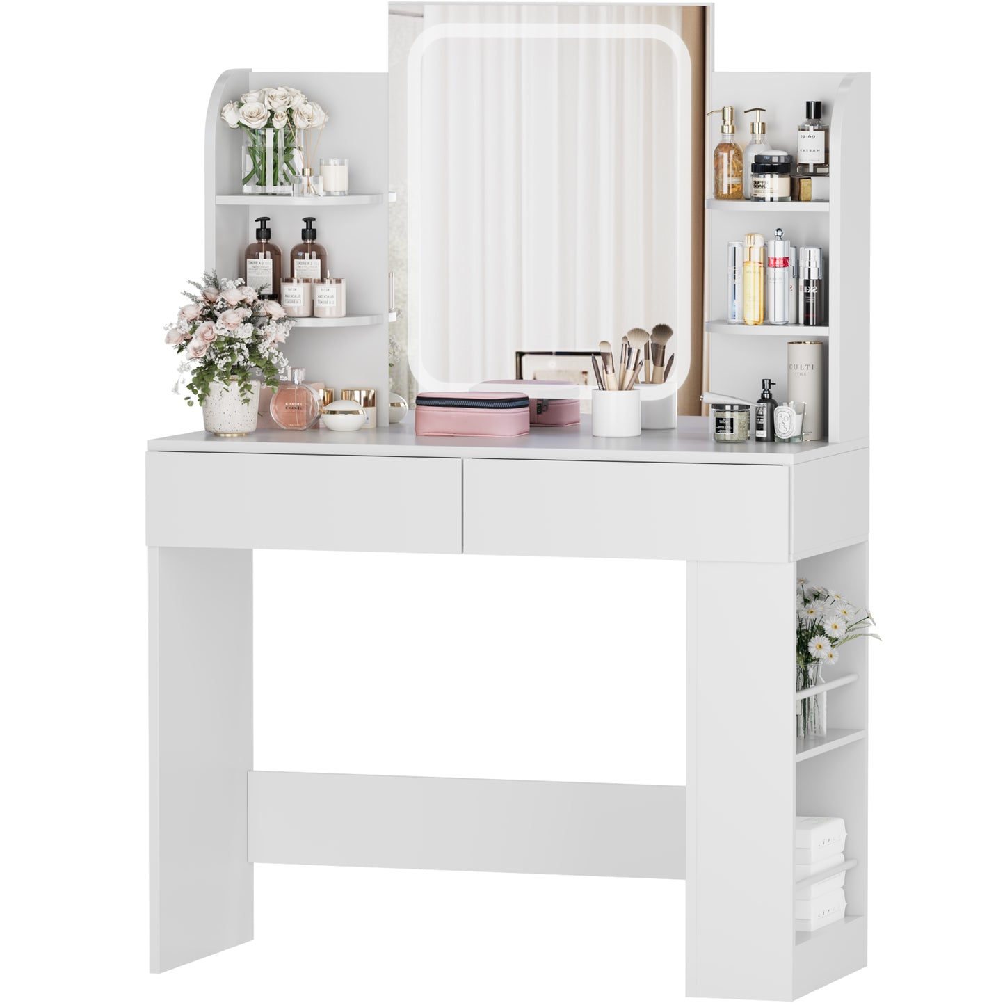 Furmax Makeup Vanity Desk and Bench Set with LED Lighted Mirror Vanity Table with Drawers, Shelves & Side Storage for Bedroom