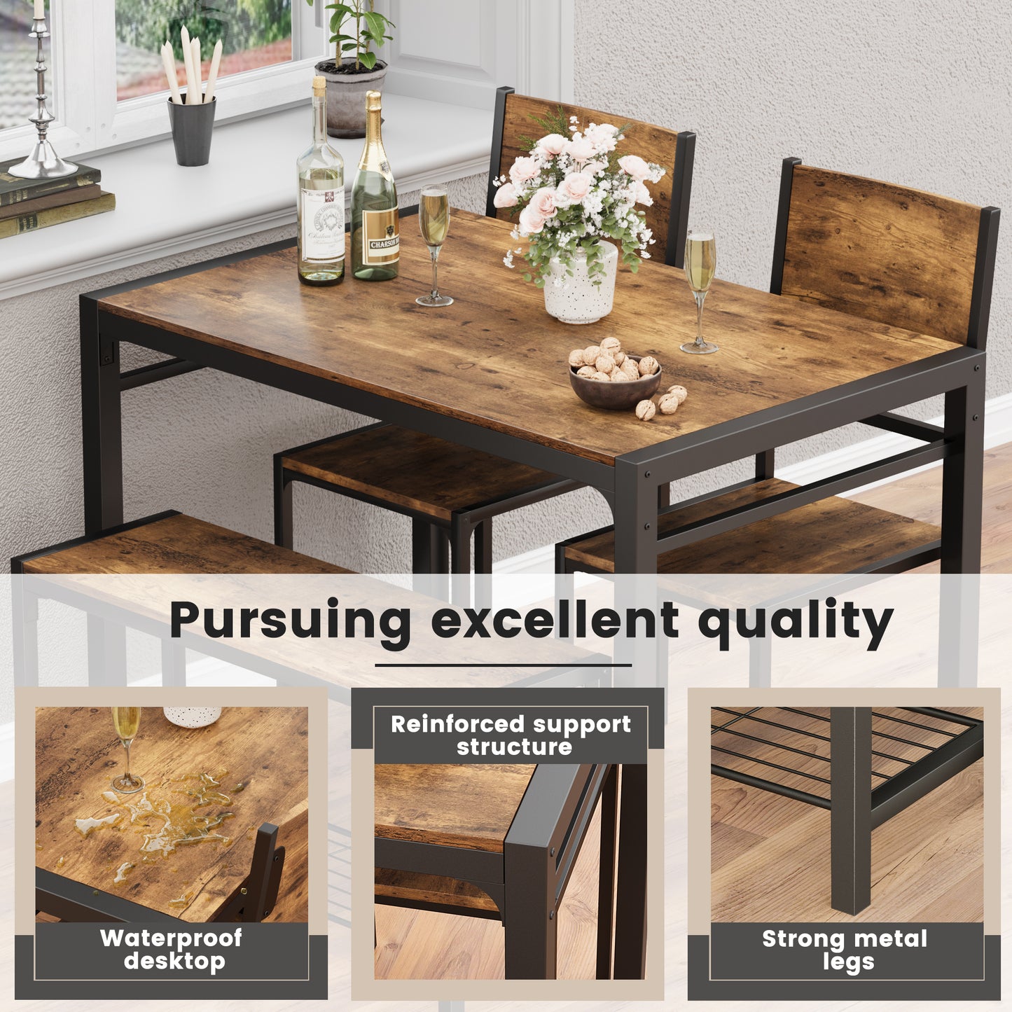 Furmax Modern Dining Table and Chair Set for 4 with Bench Indoor Outdoor Kitchen Living Room Furniture Garden Desk Set Wood Metal Waterproof Desk Chair Set