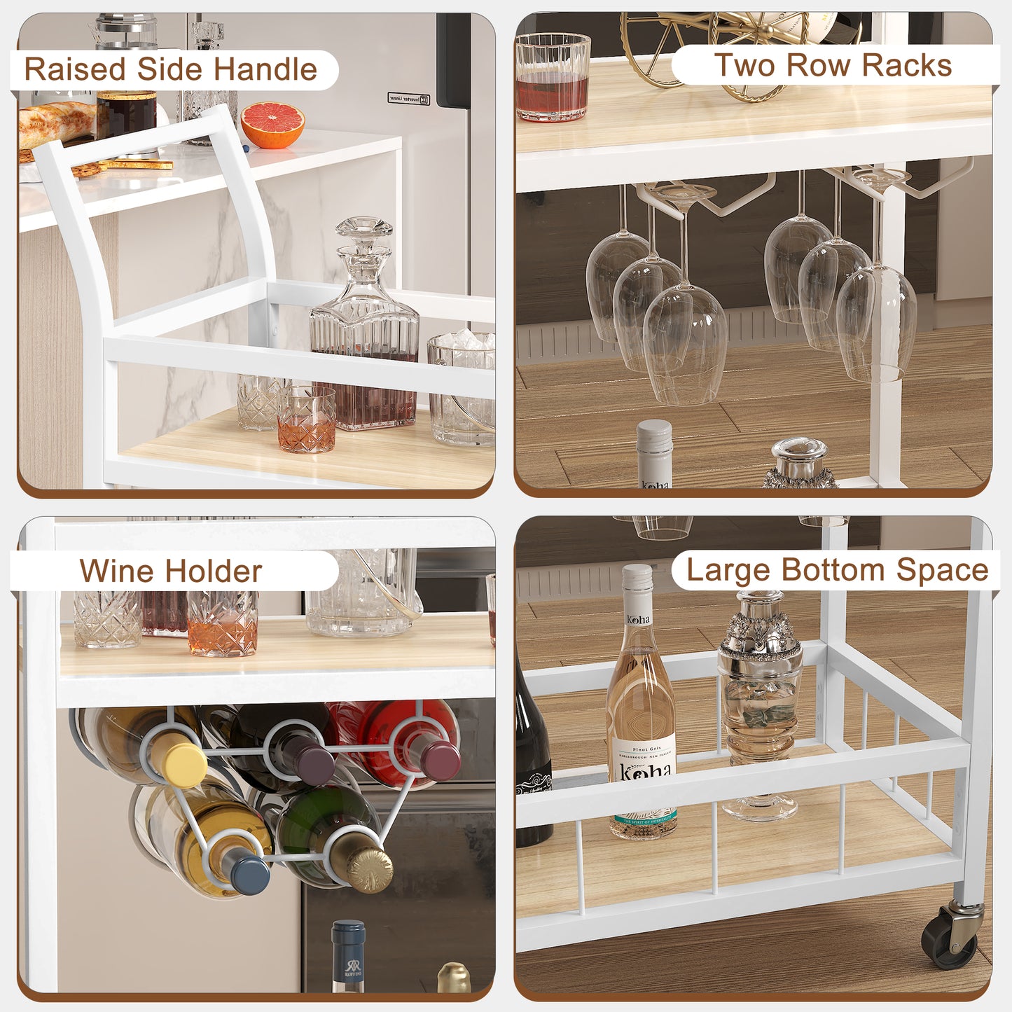Furmax Mobile Bar Cart, Modern, Industrial, With Wine Rack, Glass Holder, and Wood Storage Shelves, Ideal for Living Room, Kitchen, Bar, Restaurants, and Parties, Golden