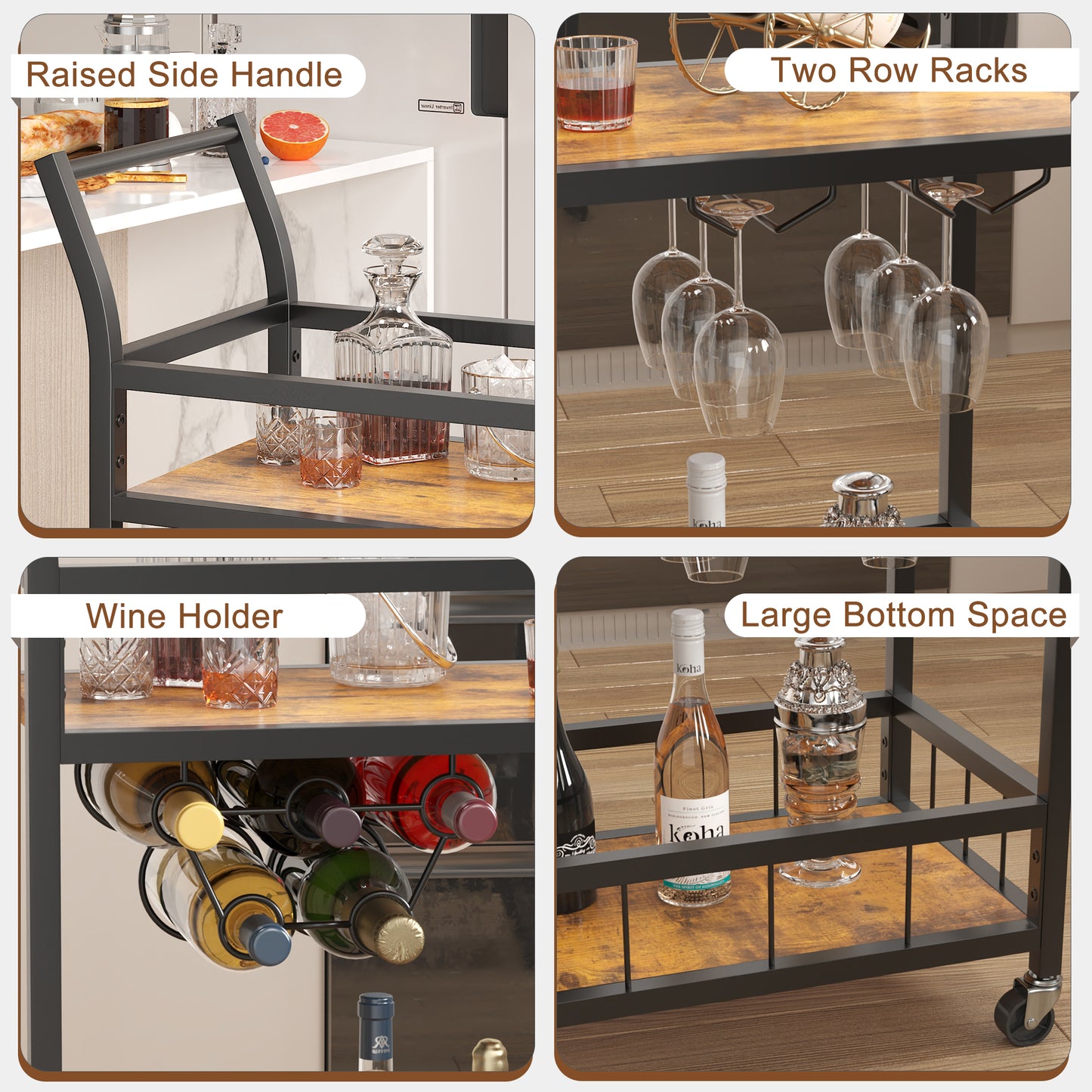 Furmax Mobile Bar Cart, Modern, Industrial, With Wine Rack, Glass Holder, and Wood Storage Shelves, Ideal for Living Room, Kitchen, Bar, Restaurants, and Parties, Golden